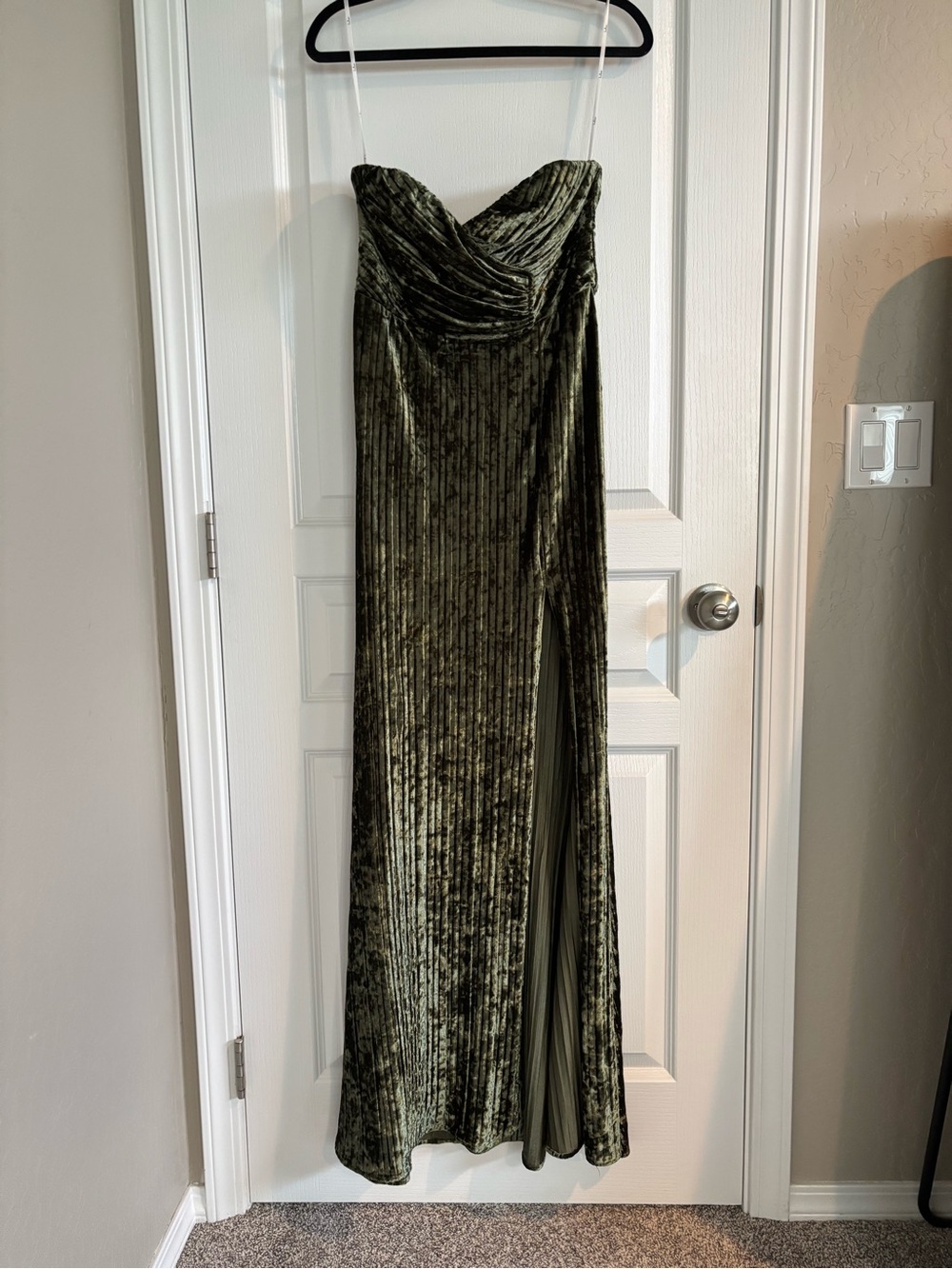 Lulu's Olive Green Velvet Strapless Gown with Side Slit - Picture 5 of 6